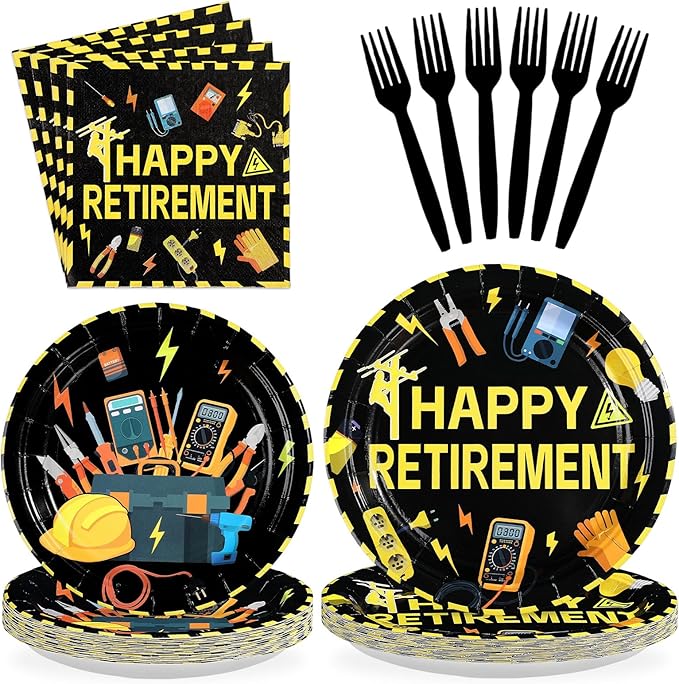 96Pcs Electrician Retirement Party Decorations Power Electrician Retired Lineman Plates and Napkins Tableware Set Wire Gloves Bulb Switch Theme Decor for Boys Man Farewell Party Supplies Serves 24