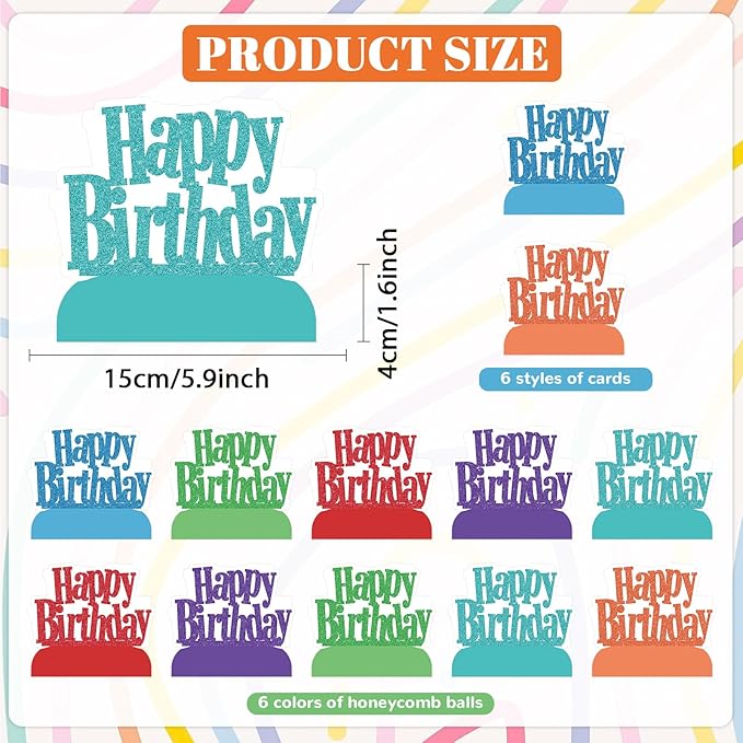 12Pcs Happy Birthday Centerpieces Colorful Birthday Party Decorations Glitter Happy Birthdays Table Honeycomb Centerpieces Decor Table Toppers Ornaments for Glitter Bday Themed Party Supplies Favors