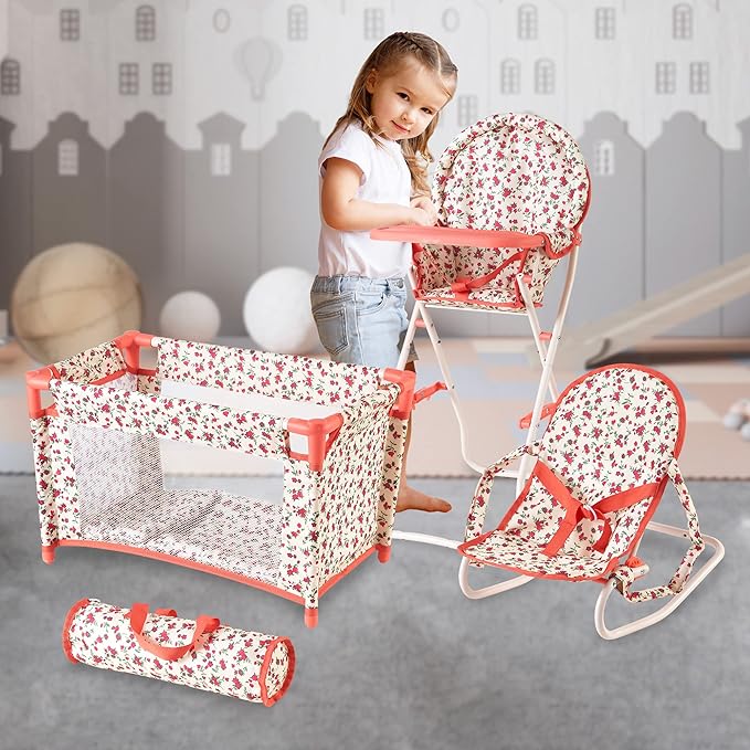 Floral Baby Doll Accessories Set, 3-1 Baby Doll Crib, Baby Doll High Chair & Bouncer Seat. 18 inch Doll Accessories with Doll Bed. 18" Dolls Furniture Play Stuff. Toys for Girls Ages 3-5,4-6,5-7,8-10