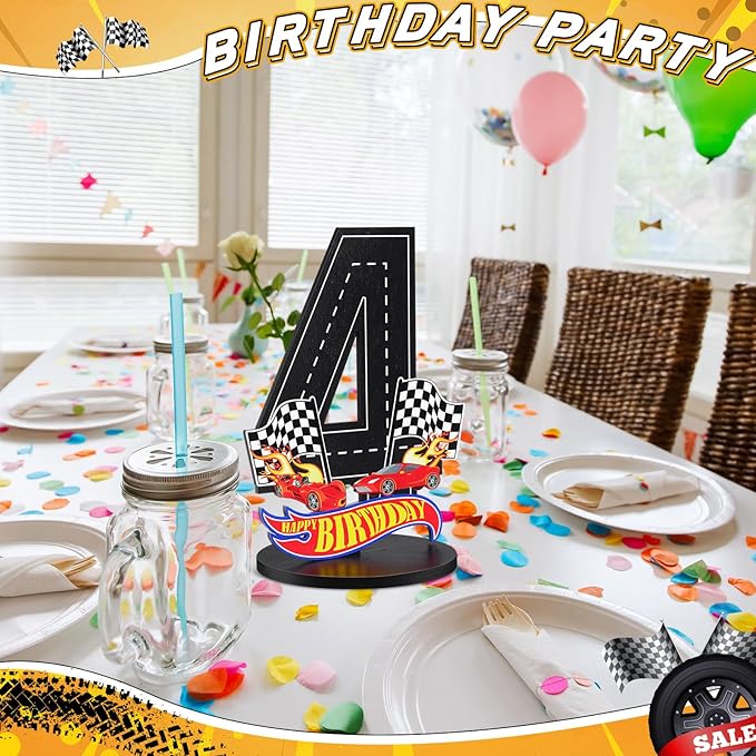 Race Car 4th Birthday Number Sign Centerpiece Race Car Theme 4th Birthday Party Supplies Wooden Table Decoration Photo Props for Boys Four Years Old