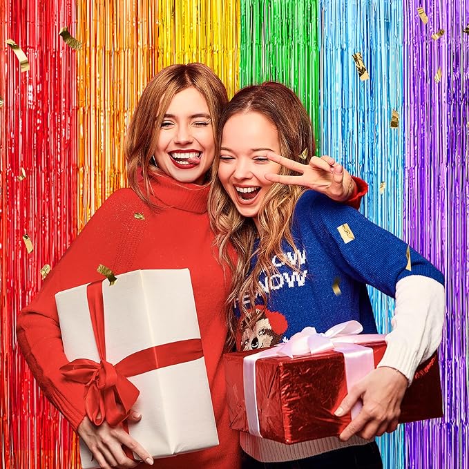 Rainbow Metallic Tinsel Foil Fringe Curtains Backdrop 2Pack 3.3x8.3Ft Party Streamers for Birthday Party Decorations Halloween Christmas Decors Foil Curtain Backdrop for Bachelorette Bridal Party