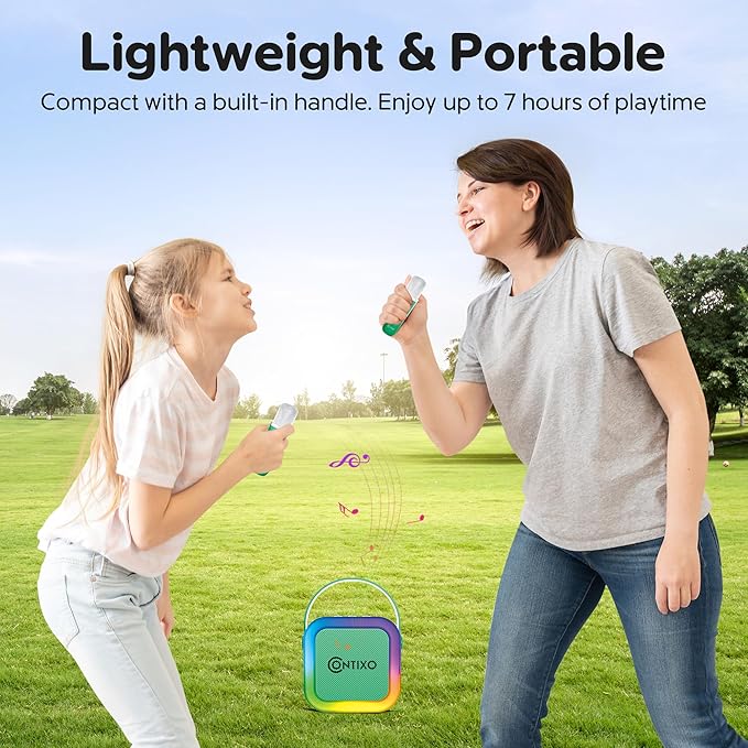 Contixo KS1 Mini Karaoke Machine for Kids, Portable Bluetooth Speaker with 2 Wireless Microphones & Dynamic Lights for Boys & Girls, Home Party Entertainment Toy (Green)