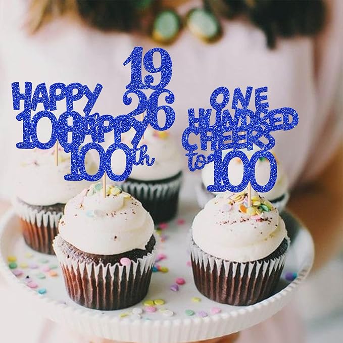 30 PCS 100th Birthday Cupcake Toppers Glitter One Hundred Happy 100 Straight Outta 1926 Cupcake Picks for Cheers to 100 Fabulous 100th Birthday Anniversary Party Cake Decorations Supplier Blue