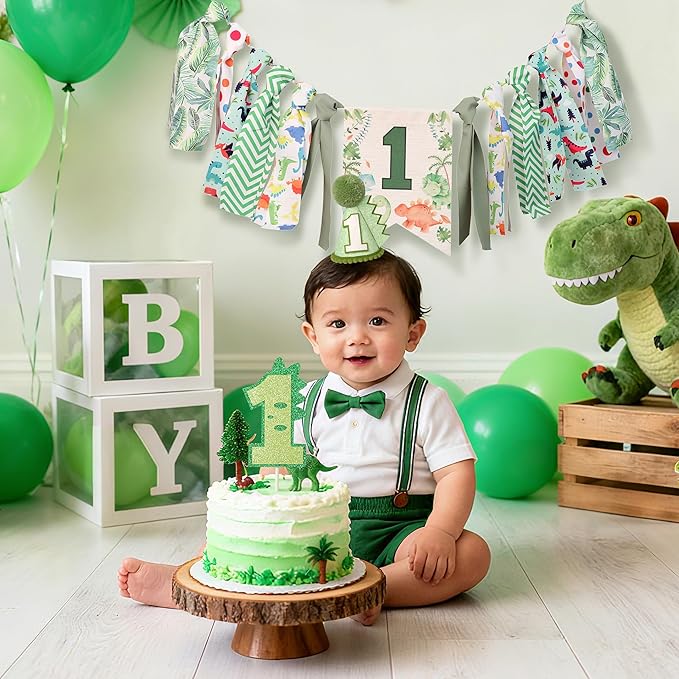Dinosaur Theme 1st Highchair Banner Tassel Garland Dino Conical Cap Cake Topper Green First Dinosaur Birthday Decorations