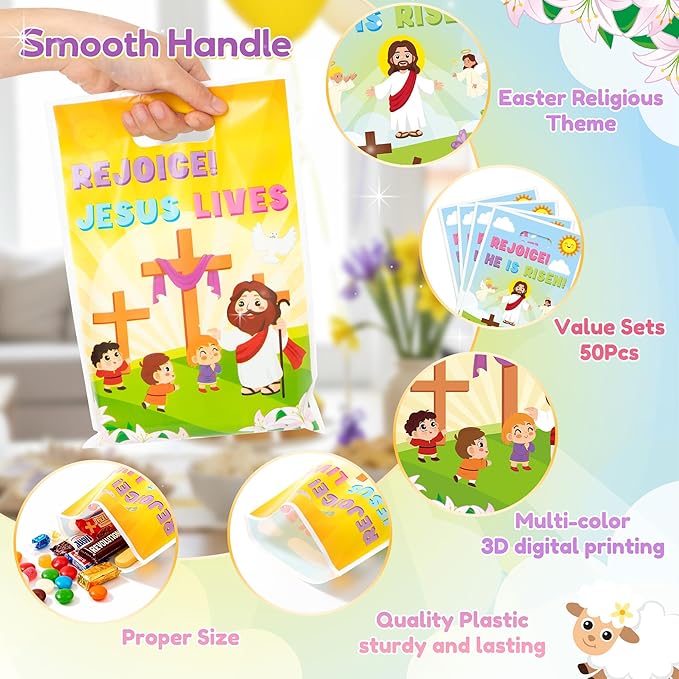 Easter Religious Party Favor Bag - 50Pcs He is Risen Rejoice Goodie Treat Candy Gift Bags Christian Cross Jesus Lives Party Supplies for Spring Easter Bible Sunday School Jesus Birthday VBS Church