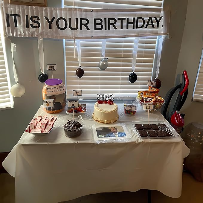 50 PCS It Is Your Birthday Banner Set, The Office Merchandise Vinyl Banner with Metal Hanging Grommets, Balloons, Paper Streamer and Tape for Birthday Party Supplies, Party Decorations