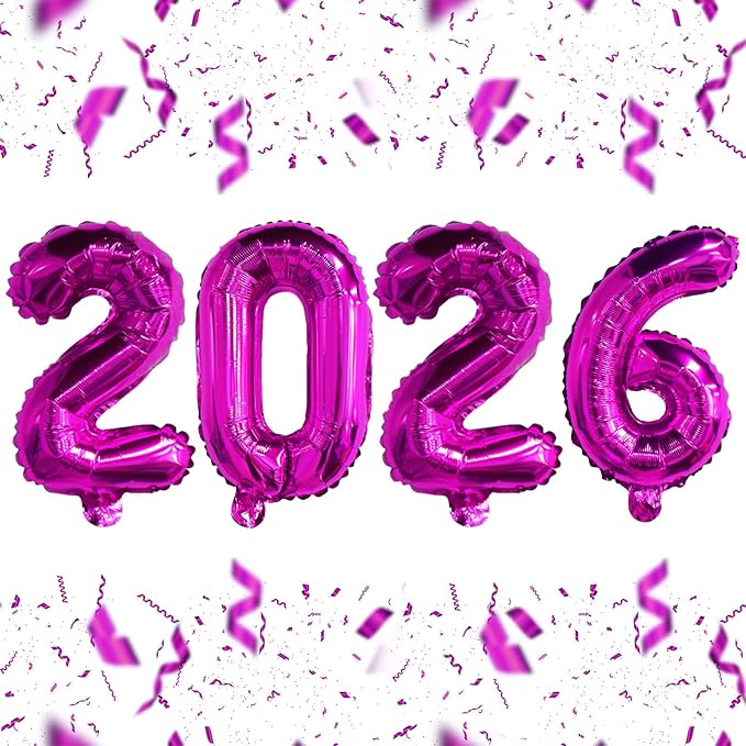 KALOR 16 Inch 2026 Hot Pink Foil Number Balloons, 2026 New Years Decorations for 2026 Happy New Year Eve and Graduations Party Supplies