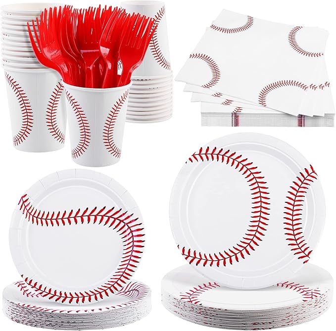 durony 144 Pieces Baseball Paper Plates and Napkins Dinnerware Set Baseball Birthday Party Tableware Supplies Includes Paper Plates Napkins Forks Serve 24 for Sports Baseballs Party Supplies