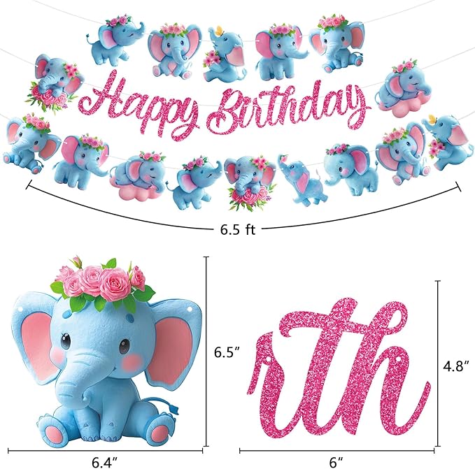 Elephant Party Banners 3Pcs Happy Birthday Garland Jungle Elephant Banners for Boy Girls Theme Baby Shower Birthday Party Supplies
