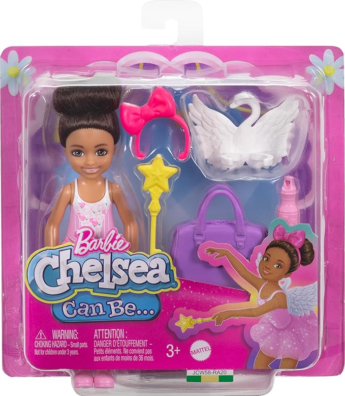 Barbie Toys, Chelsea Ballerina Set, Career Brunette Small Doll with 5 Dance-Themed Accessories Including Swan Wings