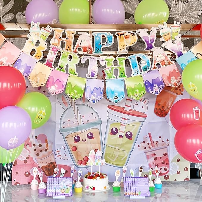 Boba Tea Party Supplies Complete Set, Bubble Tea Birthday Decorations Kit with Cartoon Banner Backdrop, Adorable Cake Toppers, Colorful Balloons, Invitation Cards for Girls Themed Party Decor