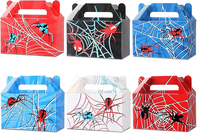24Pcs Spider Party Favors Boxes Spider Web Paper Treat Box Birthday Supplies Red Blue Black Color Goodie Gift Boxes for Kid Boy Birthday Baby Shower Game Party Table Decoration 6 x 3.5 x 3 inches