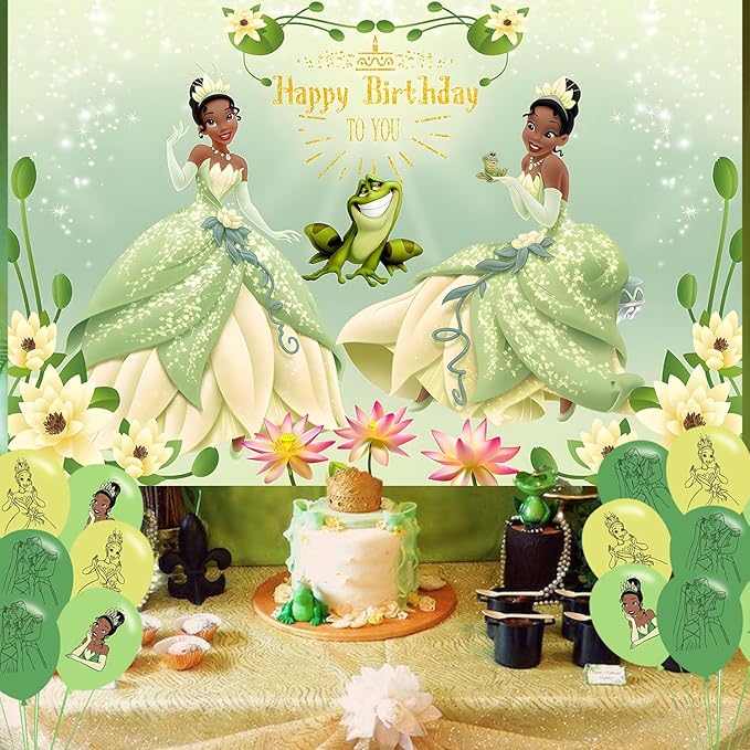 Princess Tiana Birthday Party Decoration,Princess Party Photo Background 5 x 3 FT and 18 Pcs Balloon,Merch Party Backdrop Supplies