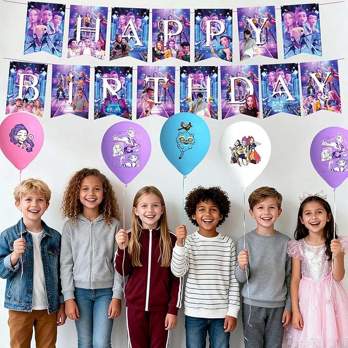 109pcs Kpop Demon Hunters Party Supplies Birthday Decorations Set Include Banner, Balloons, Stickers, Hanging Swirls, Cake Cupcake Toppers, Tablecloth for Boys Girls Demon Hunters Theme Party (Pink)