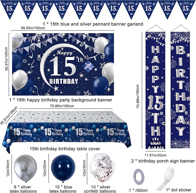 Blue 15th Birthday Decorations - Door Banner, Balloons, Porch Sign & Latex Balloons for Boys & Girls 15th Bday Party Supplies