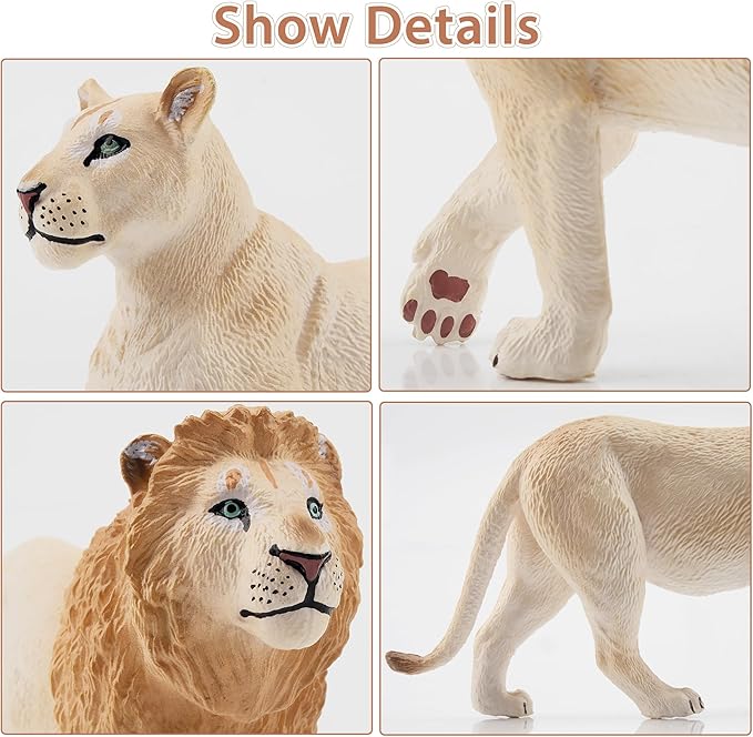 Toymany 6PCS White Lion Figurines with Lion Cubs, 2-5" Wild Life Jungle Animals Figures Realistic Family Set Includes Baby Lions, Educational Toy Cake Toppers Easter Birthday Present for Kids