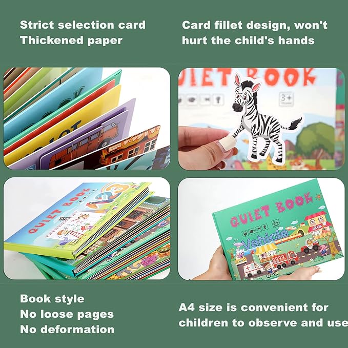 4 Pack DIY Busy Book for Toddlers, Montessori Quiet Book with Animal, Vehicle, Number, Fruit Preschool Learning Activities & Education Toys