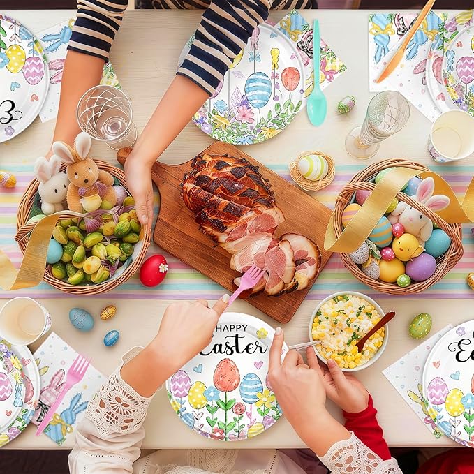 168PCS Happy Easter Party Supplies Floral Egg Party Decorations Easter Bunny Paper Plates Napkins Cups and Forks for Brunch Egg Hunt Spring Celebrations Serves 24