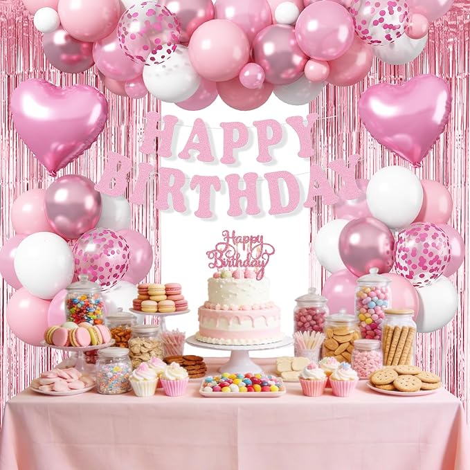 Pink Birthday Decorations for Girls Women, Baby Light Pastel Pink White Party Balloons with Fringe Curtain Birthdays Banner Cake Decor for Birthday Wedding Baby Shower Party Decoration Supplies