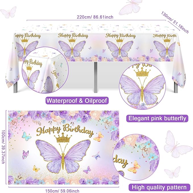 Purple Balloon Arch Kit with Foil Butterfly Balloons, Happy Birthday Backdrop & Tablecloth Decorations for Girl's Party