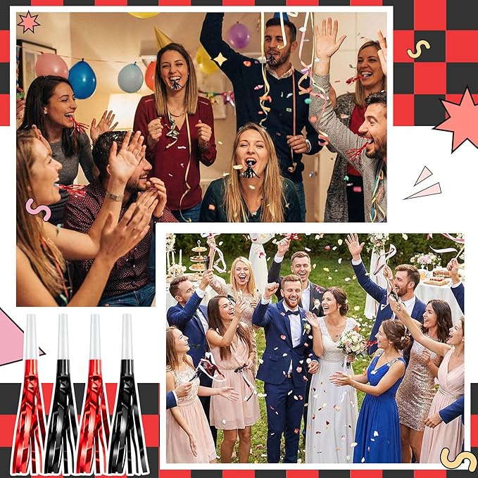 Sumind 24 Pcs Black and Red Noise Makers Glitter Noise Makers Metallic Fringed Party Blowers for Adults Birthday Graduation Sporting Events 2026 New Years Party Favor Supplies