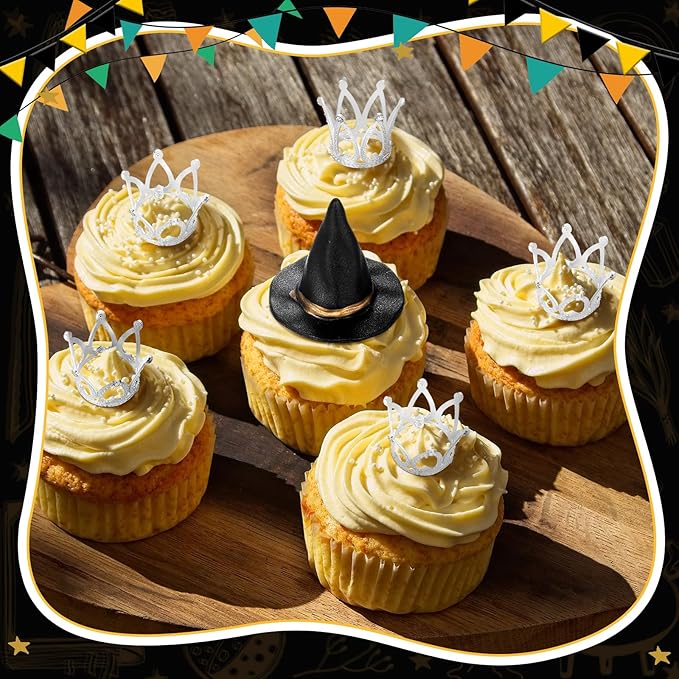 48 Pack Witch Hat and Crown Cake Topper Bad Witch Birthday Party Decorations Mini Wizard Hats Silver Crown Cupcake Toppers Decor Princess Cake Accessories for Birthday Party Supplies Crafts