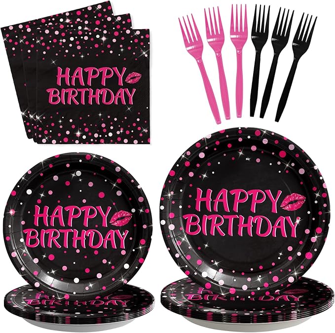 Grencian 96Pcs Hot Pink and Black Birthday Party Supplies Hot Pink Dots on Black Paper Plates and Napkins Disposable Happy Birthday Tableware Set for Women Black and Pink Birthday Decorations Serves24