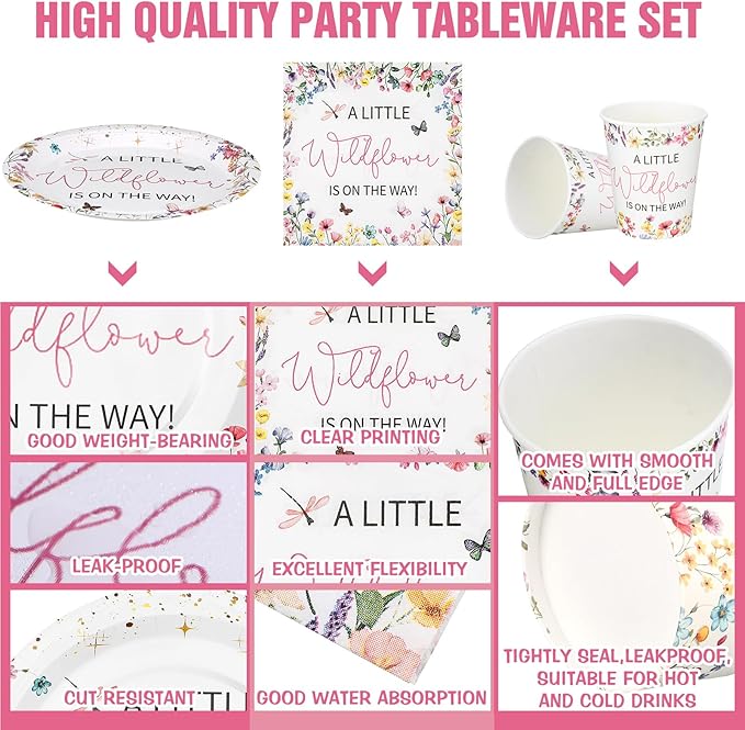 Hushee 200 Pcs Baby in Bloom Baby Shower Paper Plates Napkins Cups Wildflower Party Supplies Tableware Set a Little Wildflower Is on The Way Disposable Plates for 50 Guest Spring Summer Party Decor