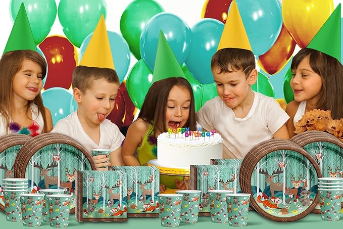 Woodland Animals Birthday Party Supplies Set Plates Napkins Cups Tableware Kit for 16