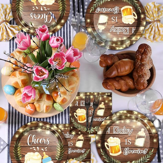 50 Guests A Baby is Brewing Baby Shower Plates and Napkins Party Supplies Baby is Brewing Party Decorations Disposable Tableware Set Brew Dinnerware Favors Decorations for Kids Boys Girls, 200PCS