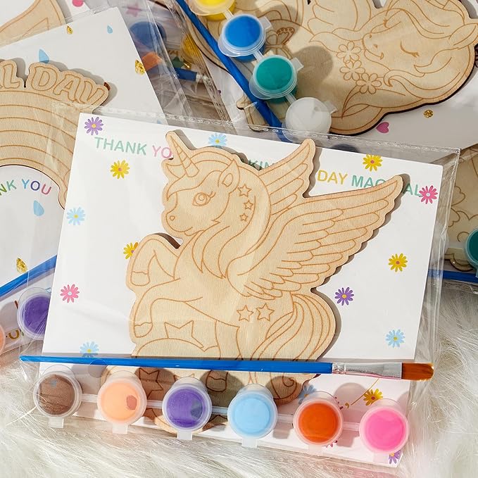 Winrayk 12 Pack Pre-Packaged Unicorn Party Favors for Girls, Wooden Unicorn Cutouts with Gift Cards & Painting Kits, Kid Rainbow Princess Art and Crafts Goodie Bag Stuffer Birthday Decoration Supplies