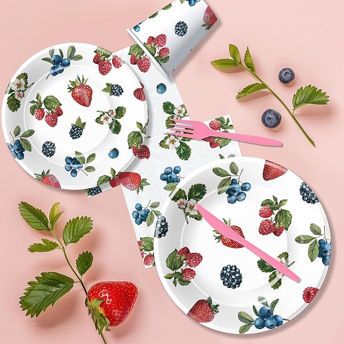 Berry Party Decorations Tableware - Blueberry Strawberry Birthday Party Supplies, Paper Plate, Cup, Napkin, Fork, Berry Sweet Birthday Baby Shower Table Decorations Dinnerware | Serve 24