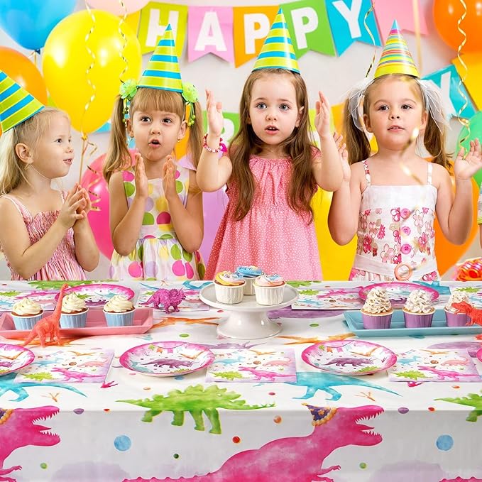 WERNNSAI Girl Dinosaur Party Decorations - 33 PCS Dino Plates Napkins Tablecloth Pink Dinosaur Birthday Decorations Three Rex Table Decorations for Kids Girls Birthday Baby Shower Serves 16 Guests
