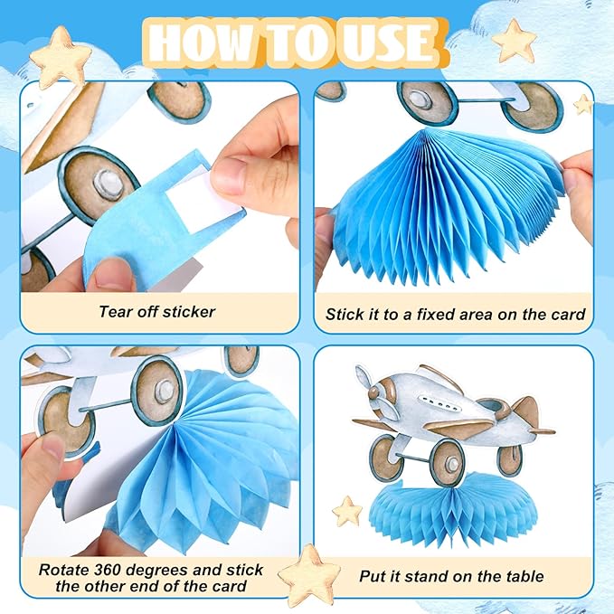 12 Pcs Airplane Party Decorations Blue Honeycomb Centerpieces Airplane Table Decoration Little Explorer Landing Soon Table Topper for Birthday Party Favors Supplies