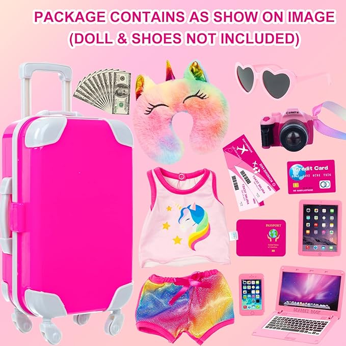 23 Pcs American 18 inch Doll Clothes and Accessories - Suitcase Luggage , Pillow, Sunglasses, Camera, Passport, Mobile Phone , Computer Doll Travel Gear Play Set (No Dolls)