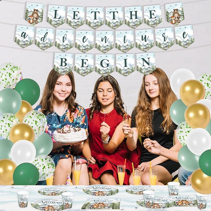 231pcs Let The Adventure Begin Party Supplies Baby Shower Plates Napkins Adventure Tableware Set Disposable Cups Forks Tablecloth Banner and Balloons for Baby Shower Party Decorations Serve 24