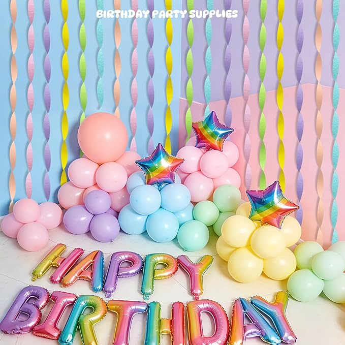 Pastel Rainbow Crepe Paper Streamers - 6 Rolls Macaron Party Streamer Decorations for Birthday, Baby Shower Easter Unicorn Mermaid Theme Supplies - Pink Blue Yellow Green Purple Peach Hanging Backdrop