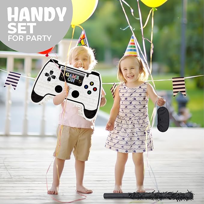 White Game Controller Pinatas Bundle with a Blindfold and a Bat(16.5 x 12 x 3.5 Inches), Perfect for kid's Birthday Parties, Mexican Theme Parties, Decorations
