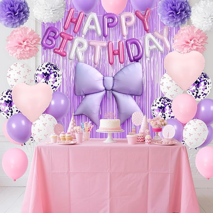 Purple Pink Bow Birthday Decorations for Women Girls, Happy Birthday Balloon Banner with Bow and Heart Foil Balloons Fringe Curtain Tissue Paper Pompoms Garland Party Supplies