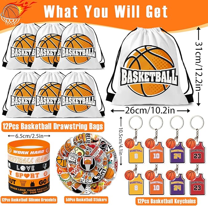 12 Sets Basketball Party Favors Basketball Goodie Bags for Boys Includes Drawstring Bag Silicone Bracelet Keychain Tattoo Sticker for Sports Goodie Bags Basketball Birthday Party Supplies Decor