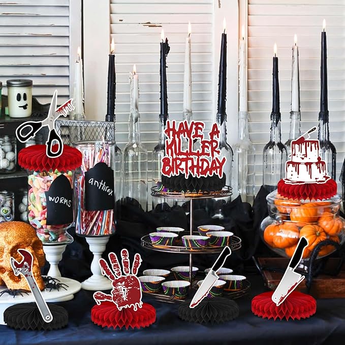 8 Pcs Have a Killer Birthday Party Decoration, Halloween Horror Theme Honeycomb Centerpieces 3D Double Sided Table Decorations for Bloody Horror Movie Birthday Party Supplies Decor