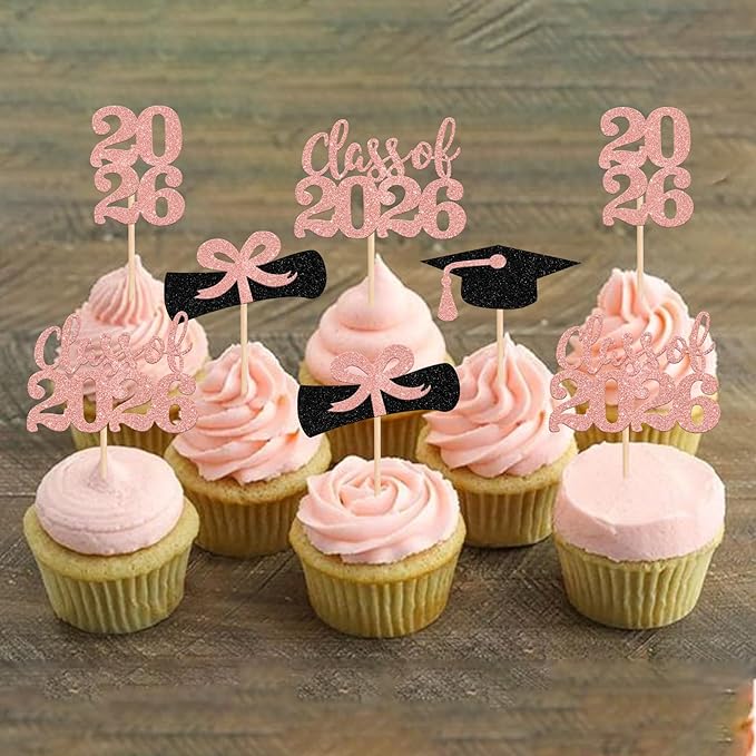 36 PCS 2026 Graduation Theme Cupcake Toppers Glitter Class of 2026 Grad Cap Diploma Cupcake Picks 2026 Graduation Theme Party Cake Decorations Supplies Rose Gold