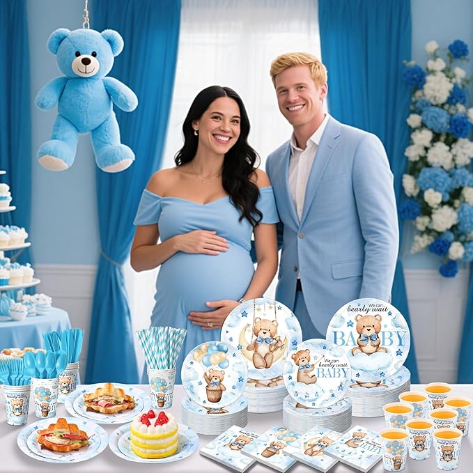 450 Pcs Blue Bear Baby Shower Tableware Set Decorations, We Can Bearly Wait Paper Plates Napkins Cups Cutlery Straws for Blue Baby Shower Gender Reveal Birthday Party Supplies, Serves 50
