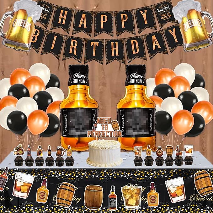 Whiskey Birthday Party Decorations for Men Aged to Perfection Party Supplies Include Birthday Banner Whiskey Garland Tablecloth Cake Toppers Foil Balloons for Whiskey Party Decorations for Dad Daddy