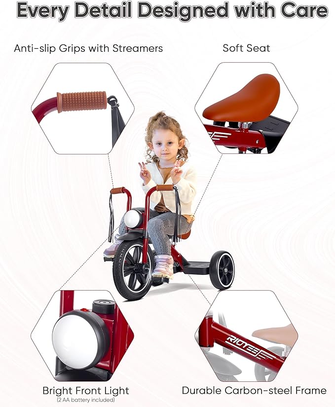 Toddler Tricycle for 2 to 5 Years, Tricycle for 3 Years with Front Light, Rubber Front Wheel, Soft Handlebar with Streamers, Adjustable Seat, Red