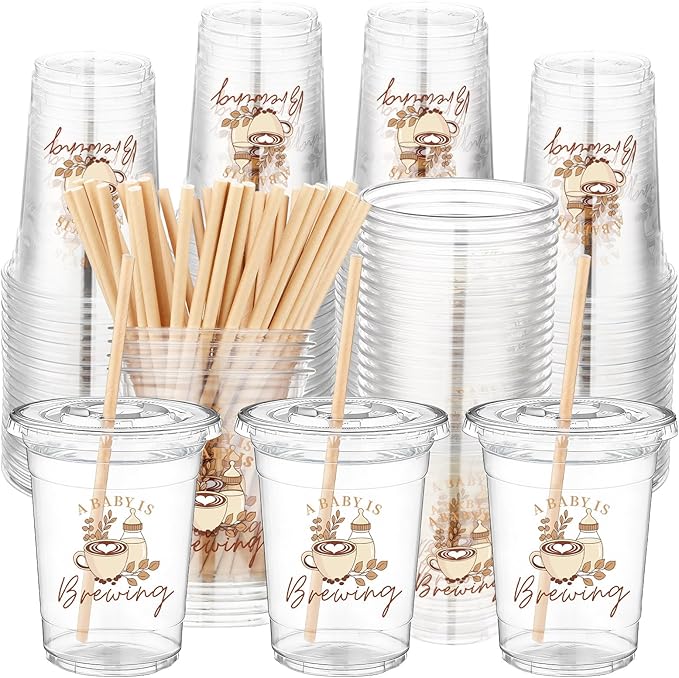 50 Pcs A Baby Is Brewing Plastic Cups Coffee Theme Tumblers Bulk Brown Brewing Baby Shower Party Decorations Disposable Cups for Coffee Theme Gender Reveal Party Supplies