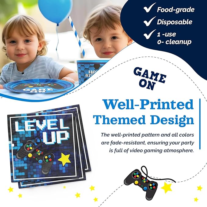 Video Game Birthday Party Decorations, 120Pcs Gaming Party Supplies Disposable and Engaging Tableware Includes Paper Plates, Napkins, Cups and Straws | Serves 24