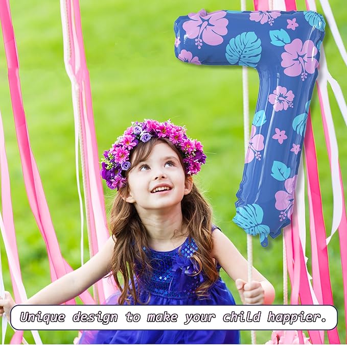 40 Inch Number 7 Balloon Leaf and Flower Birthday，7th Birthday Decorations for Kids' Parties Hawaii Party Supplies Favor Pink and Blue