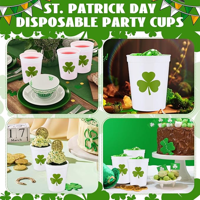 Patelai 32 Pcs St Patricks Day Party Plastic Cups Bulk 16 oz Reusable Lucky Shamrock Cups for St Patricks Day Party Adults Drink Snacks Irish Festival Favors Supplies(White)