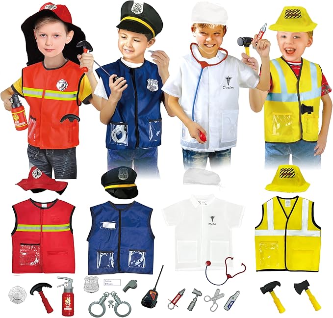 4 Sets Dress Up Clothes for Kids, Pretend Dress Up Trunk of Firefighter costume/Doctor/Policeman/Construction Worker Role Play Set with Realistic Accessories